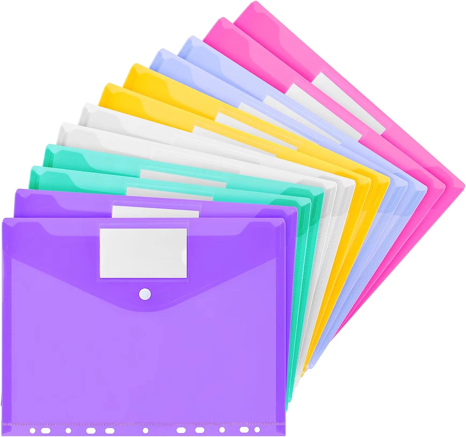 Vobou 12 Pack Plastic Envelopes Binder Pocket 11 Holes Expandable Binder Folders for 2/3/4 Ring Document Pouch, Snap Button and Lable Poly Envelopes for School, Home and Office, 6 Assorted Color