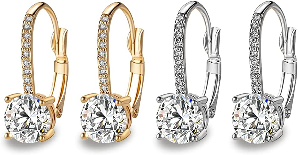 Ladies 1 Carat Diamond Pendant Earrings 18K Gold Plated Cubic Zirconia Hanging Lever Bridal Earrings Girls and Women's Fashion Jewelry